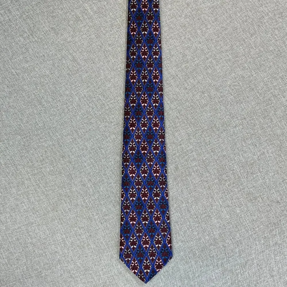 Adolfo Silk Necktie Blue Burgundy Medallion Damask Made in Italy Mens Tie